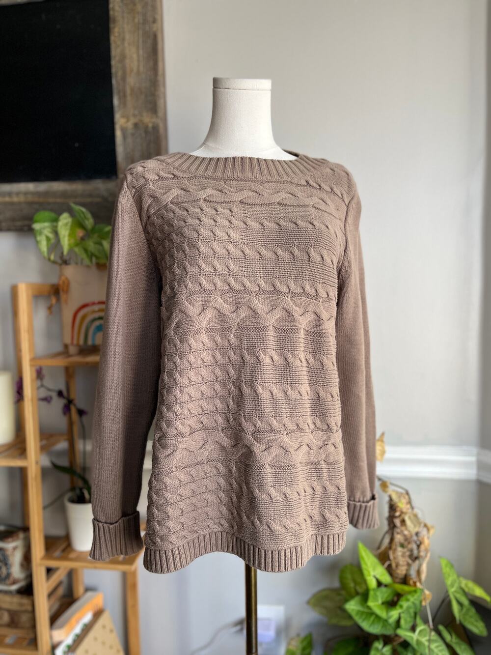 Vintage Y2K Cotton Sweater Tan Patchwork Cableknit Fisherman Size XL